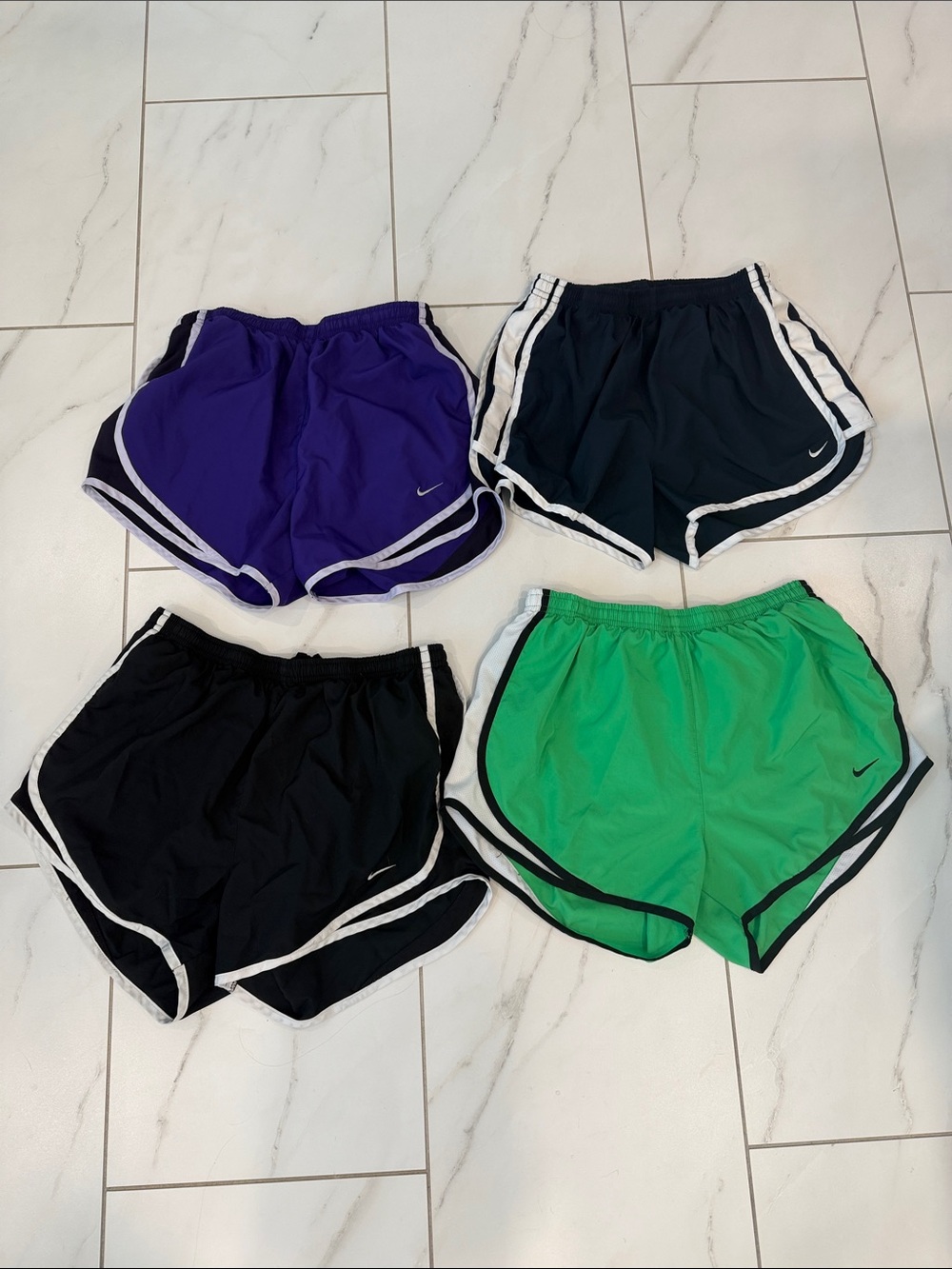 Nike Women's Dri-FIT Tempo Shorts BUNDLE of 4 pairs - Purple, Black, Green, Navy